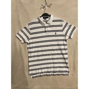 Ralph Lauren Polo Shirt Mens Size L Blue Stripes &  Pony Casual Short Sleeve